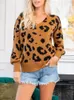 Women's Sweaters Leopard Knitted Sweater Winter V Neck Long-Sleeved Basic Top Casual Loose Female Pullovers Autumn Jumper