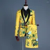 Men's Suits Yellow Suit 3 Piece Black Collar Single Button Printed Dress Jacket With Vest Trousers Fashion Slim Male Sets S M L XL XXL