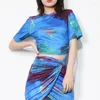 Women's T Shirts Tie-Dyed Printing 2pcs Style Printed Short Top Sexy Slim Fit Skirt Set For Women Ladies Outfit Summer Wear Blue/Grey Shirt