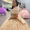 Champagne scintillant Sexy col en v robes De Quinceanera dentelle florale papillon princesse fête d'anniversaire bal Vestidos De 15 Anos