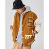 Mensjackor Par Brown American Retro Pu Leather Sleeve Letter S Baseball Uniform Jacket Män och kvinnor stor storlek Löst ull Y2K 230803