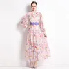 Sukienki swobodne damskie damskie ubrania ubrania kobiety eleganckie lantern rękaw kwiat nadruk projektant mody szyfonowy świąteki maxi vestido