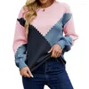 Camisolas Femininas WAKUTA Camisola Colorblock Geométrica Feminina Outono Inverno 2023 Ins Pulôver Solto Casual Mujer Chic Vintage Knit Tops O