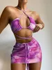 Women's Swimwear Bandeau Bikini Pink Print Swimwear Women Skirts 3 Pieces Set Halter String Swimsuit Women Sexy Bathing Suit Summer Bikinis 230803