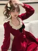 Casual Dresses 2023 Autumn Women Red Elegant Christmas Party Dress Female Lace Patchwork Long Sleeve Mini French Square Collar Prom