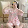 Women's Sleepwear Summer Milk Silk Lace-up Kimono Short Sleeve Shorts Pajamas Casual Printing Sweet Simple V-neck Girls' Home Clothes