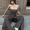 Damen Zweiteilige Hose Vintage Chic Grau Braun Slim Fit Trägerlose Weste für Frauen Y2k E-Girl Hohe Taille Doppeltaschen Sommersets