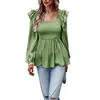 Women's Polos Lchiji Women S 2023 Chic Long Sleeve T-shirt With Square Neckline Smocked Ruffle Hem And Babydoll Silhouette - Stylish Swing