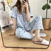 Ropa de dormir para mujer, conjunto de pijama de verano con estampado de manzana, camisas de manga corta para mujer, pantalones largos, traje de casa de dos piezas, ropa dulce suave