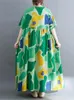 Festklänningar Kort ärm Cotton Vintage Print Summer For Women 2023 Casual Loose Long Ladies Green Dress Elegant Female Clothing