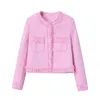 Jaquetas femininas rosa franjas de pele ombreira jaqueta tweed blazer boucle crop coat feminino primavera 230803