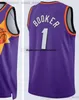 2022-23 Cidade Turquesa Basquete Jerseys Devin Booker 1 Chris Paul 3 Deandre Ayton 22 Mikal Bridges 25 Declaração Roxo Branco Preto Edição Mens Mulheres Crianças Y