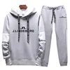 Abiti da uomo J Lindeberg Stampato Autunno Inverno 2 pezzi Set Tuta da uomo Felpa con cappuccio Pantaloni Pullover Felpa con cappuccio Sportwear Tuta da corsa casual