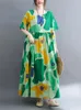 Festklänningar Kort ärm Cotton Vintage Print Summer For Women 2023 Casual Loose Long Ladies Green Dress Elegant Female Clothing