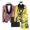 Men's Suits Yellow Suit 3 Piece Black Collar Single Button Printed Dress Jacket With Vest Trousers Fashion Slim Male Sets S M L XL XXL