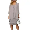 Casual Dresses A Lin Plus Size Women Clothing Summer Chiffon Lace Crochet Pink Midi Fashion Elegant Ladies Two-piece Set Party Dress S-6XL