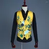 Men's Suits Yellow Suit 3 Piece Black Collar Single Button Printed Dress Jacket With Vest Trousers Fashion Slim Male Sets S M L XL XXL