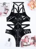 Gonna sexy SINGREINY PU Spliced Halter Pagliaccetti senza schienale Moda Scava fuori Corsetto Tute Donna Aderente Porno Lingerie Tute sensuali 230803