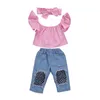 Conjuntos de ropa Pudcoco US Stock 3 uds. Ropa para bebés y niñas, camisetas con hombros descubiertos, pantalones vaqueros, conjunto de trajes vaqueros con agujeros