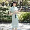 Ethnic Clothing Simple Elegant Green Plaid Print Cheongsam Retro Chinese Style Summer Improved Mandarin Collar Floral Embroidery Qipao