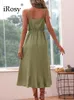 Robes décontractées femmes été vert Midi robe en lin Sexy col en V à volants Slip Simple longue plage vacances fête robe d'été dame tenue