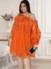 Grote maten jurken oranje losse dames off-shoulder pullover doorzichtige mouw oversized jurken voor dames casual feestoutfits met voering 230803