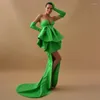 Parti Elbiseleri Yeşil Yüksek / Düşük Lüks Akşam Omuz Kapalı Seksi A-Line Büyük Bow Prom Elbise Sırtsız Ünlü Eldivenler Eldiven yok