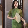 Ethnic Clothing 2023 Summer Elegant Satin Green Printed Lace Sleeve Cheongsam Dress For Female Improved Old Shanghai Qipao Vietnamese