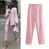 Vrouwen Broek Capri Traf Vrouwen Kleding Zomer Bodems Vintage Streetwear Hoge Taille Rechte Broek Kantoor Chique Roze Geruite Broek 230802