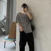 Herren T-Shirts Sommer Schachbrett Plaid Kurzarm O Hals Männer Mode Lässig Harajuku 2XL Übergroße Streetwear Top Schwarz Weiß Grau