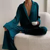 Women's Sleepwear Women Oversized Satin Silk Low Cut Sexy Pajamas For Lady Single-Breasted Long Sleeves Wide Leg Pants Trouser Suits