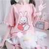 Vrouwen T-shirt Zomer Vrouwen Leuke Lolita Roze T-shirts Cartoon Aardbei Konijn Print T-shirt Ruches Korte Mouw Tops JK Meisjes Kawaii Tee Top 230802