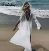 Fitshinling rückenfreier Strand-Cover mit V-Ausschnitt, Badebekleidung, Spitzenspleiß, geteilte ausgestellte Ärmel, weiße lange Strickjacke, Sommer-Bikini-Oberbekleidung9761374