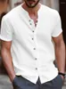 Chemises décontractées pour hommes Y2K Style rétro été coton lin chemise col montant solide col en v à manches courtes haut ample beau taille américaine