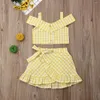 Kleidungssets für 1–5 Jahre Kleinkind-Babys, karierte Kleidung, schulterfrei, bauchfreies Top, Rüschen, Tutu-Röcke, gelbes Outfit