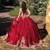 Kırmızı Boncuklu Quinceanera Elbiseler Altın Dantel Balo Ball Pageant Elbise Vestido De 15 Özel Boyut