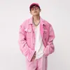 Mens Tracksuits IEFB Trendy Corean Male Pink Color Set Solid Lapel Denim Jacket Coat Wide Straight Jeans Discalive اثنين 9A8557 230803