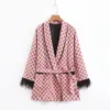 Women's Two Piece Pants Pink Blue Blazer Set Women Fashion Print Suit Jacket With Feather Sleeves Elastic Band Wide Leg Pants Two Piece Outfits Ladies 230802