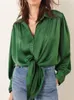 Women's Blouses French Lace-Up Knotted Design Green Blouse For Women Turn-Down Collar Single-Breasted Ladies Long-Sleeved Shirt And Tops