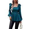 Women's Polos Lchiji Women S 2023 Chic Long Sleeve T-shirt With Square Neckline Smocked Ruffle Hem And Babydoll Silhouette - Stylish Swing