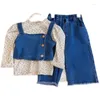 Clothing Sets 3Pcs Girls Clothes Autumn Spring Long Sleeve Shirt Tops Denim Vest Jeans Pants Trousers Kids Suit Children