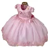 2023 Puffy Flower Girl Dresses For Weddings Jewel Neck Lace Applicques Pärlor ihåliga tillbaka med Bow Girls Pageant Dress Kids Communion Glows Golvlängd