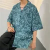 Camisas casuais masculinas azul manga curta camisa estampada verão fino cool top vintage manga havaiana praia turismo lazer roupas masculinas