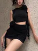 Work Dresses Women Sexy Two Piece Ruffle Skirt Sets Sleeveless Sheer Mesh Crop Tops Tassels Bodycon Mini Skirts Y2K Night Party Club Outfit