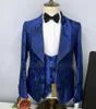 Herrenanzüge, Blumenmuster, Herrenanzug, 3-teilig, schmale Passform, modisch, Schalkragen, Revers, Jacke, Weste, Hosen, Set, Abschlussball, Party, Business, luxuriös, goldfarben, Smoking