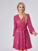 Freizeitkleider Damen Glitzerndes Pailletten-Minikleid Langarm V-Ausschnitt Wickelgürtel Party A-Linie Cocktail