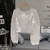Blusas femininas 2023 início do outono branco oco design decote quadrado mangas bufantes estilo ocidental versátil camisa pequena feminina