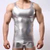 Sexy imitation leather vest soft silky waistcoat wrap tight plastic slim-fit sports base warm fitness man H1206