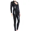 Kvinnors jumpsuits kvinnor svart våt utseende faux vinyl catsuit blixtlås till gren latex lång bodysuit halloween catwomen sexig läder jumpsuit