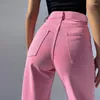 Jeans Femme Rose Chic Déchiré Été Femmes Taille Haute Multi-Bouton Pantalon Large Jambe Couleurs Solides Pantalon Décontracté Décontracté Noir Streetwear